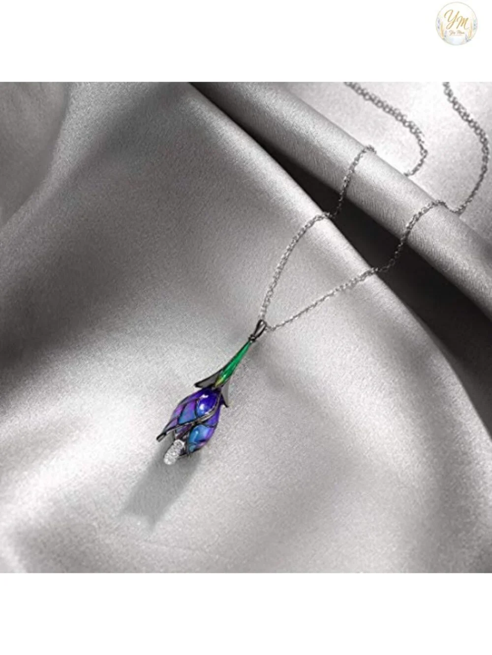 925 Sterling Silver Handmade Enamel Tulip Flower Pendant with Cubic Zirconia
